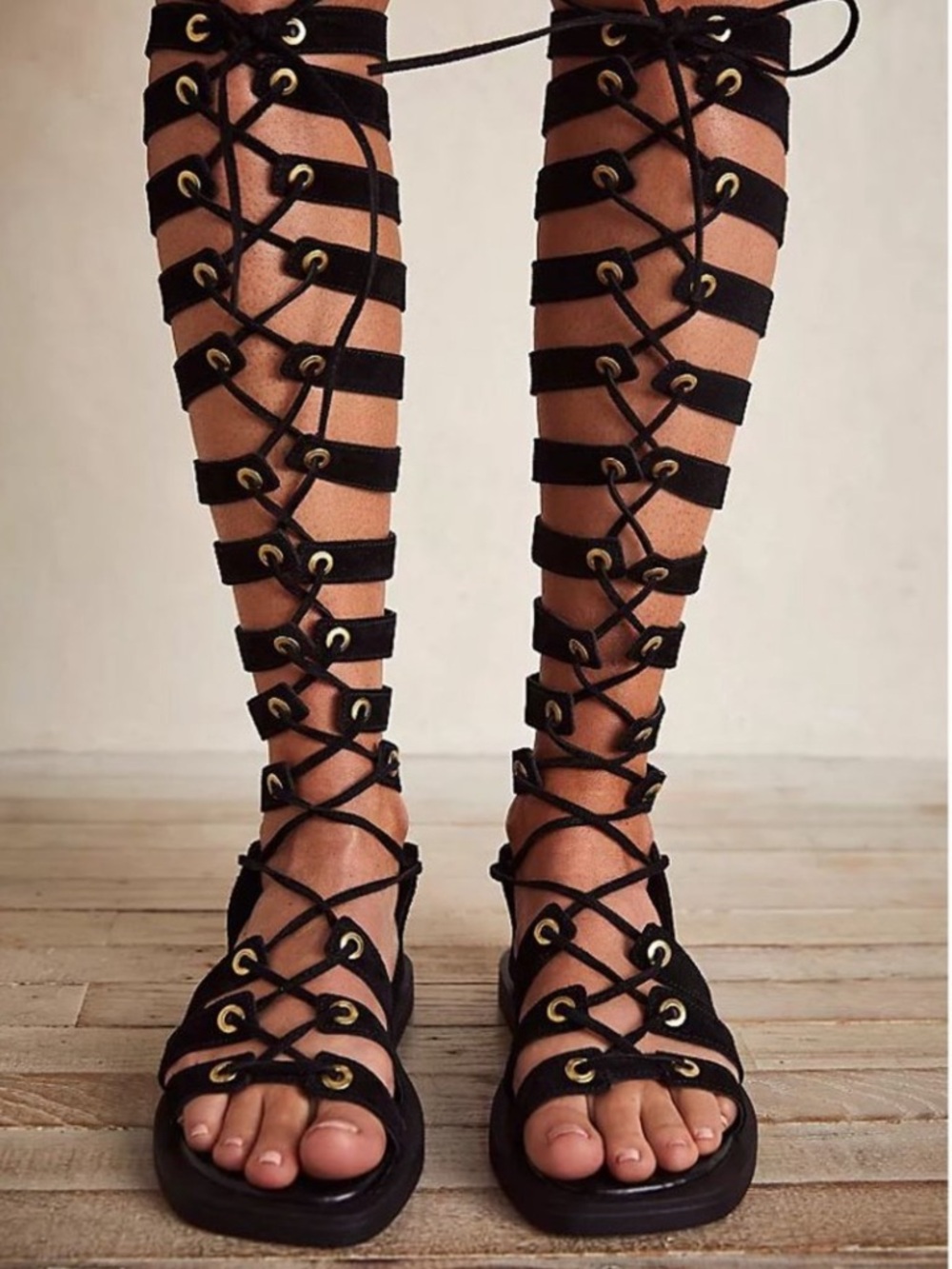 Free People SunChaser Black Lace-Up Gladiator Knee-High Sandals - Picture 2 of 9